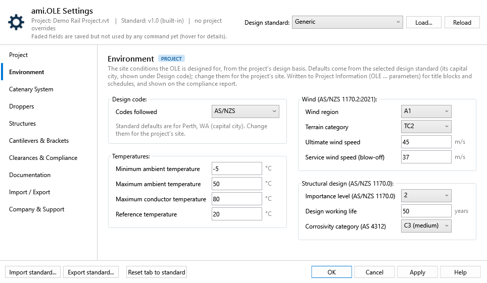 Environment tab with the Generic standard: defaults for Perth, -5 to 50 °C ambient, 80 °C conductor, 20 °C reference, region A1, TC2, 45 and 37 m/s, importance level 2, 50 years, C3