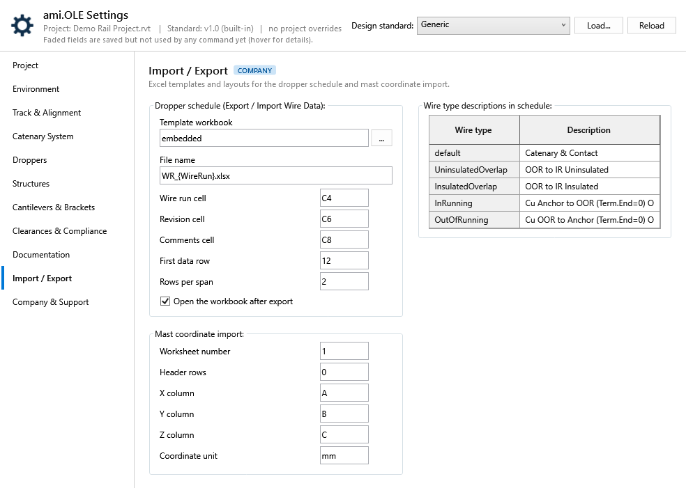 Import and Export tab