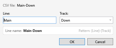 Import Alignment dialog with the line and track for Main-Down.csv