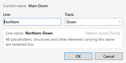 Rename Line dialog: current name Main-Down, Line changed to Northern, Track Down, new line name Northern-Down; 48 placeholders, structures and other elements carrying this name are renamed too