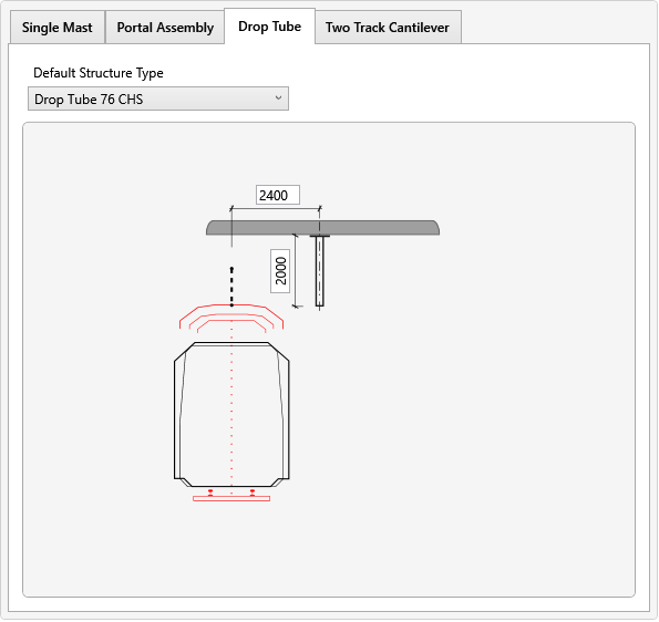 Drop Tube on a ceiling: Structure Type Drop Tube 76 CHS, offset 2400, height 2000