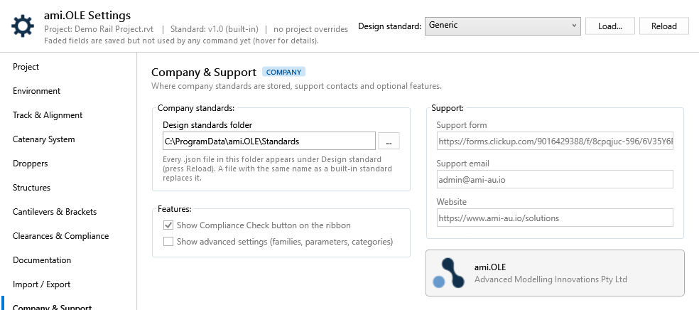 Company and Support tab