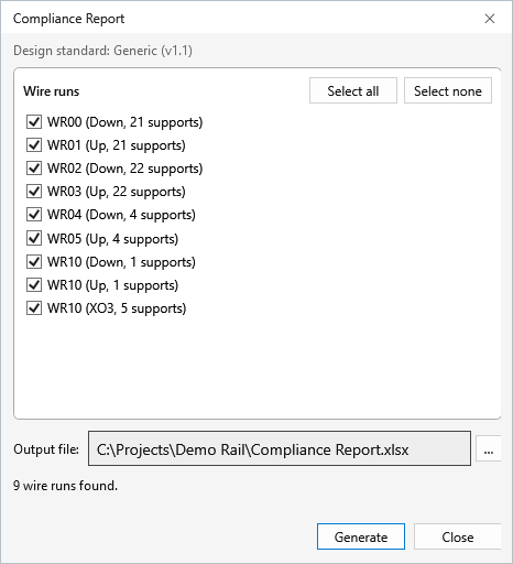 Compliance Report window with the wire runs of the model ticked